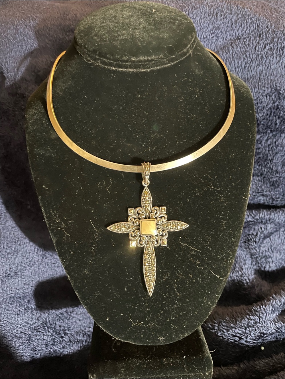 Vintage Silver Cross Marcasite Pendant and Sterling Collar Necklace